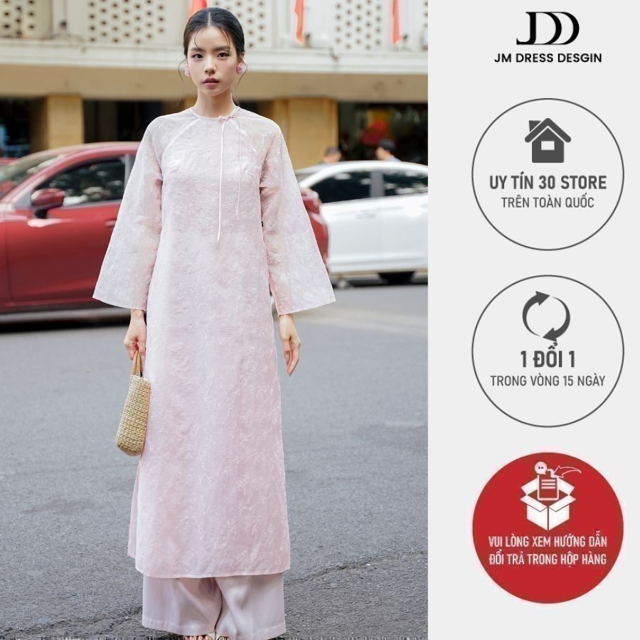 Áo dài Thanh Chi - Áo dài cổ tròn suông đính nơ cổ 2M07.2410OG, áo dài truyền thống thiết kế bởi JM 