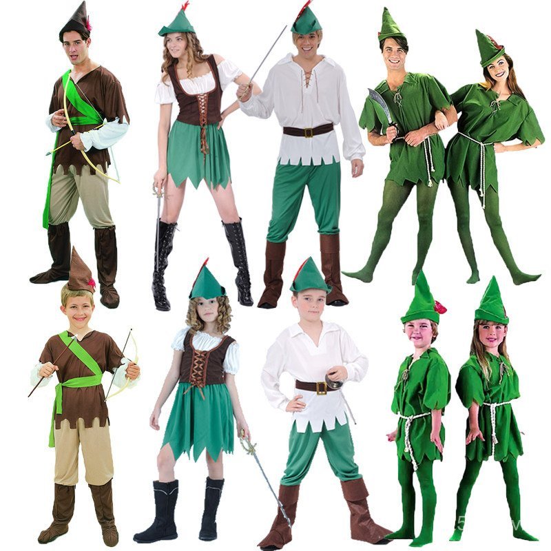 Halloween Cha Mẹ-Con Trang Phục Nam Nữ COS Green Elf Peter Pan Quần Áo Trẻ Em Robin Hood Hunter Tran