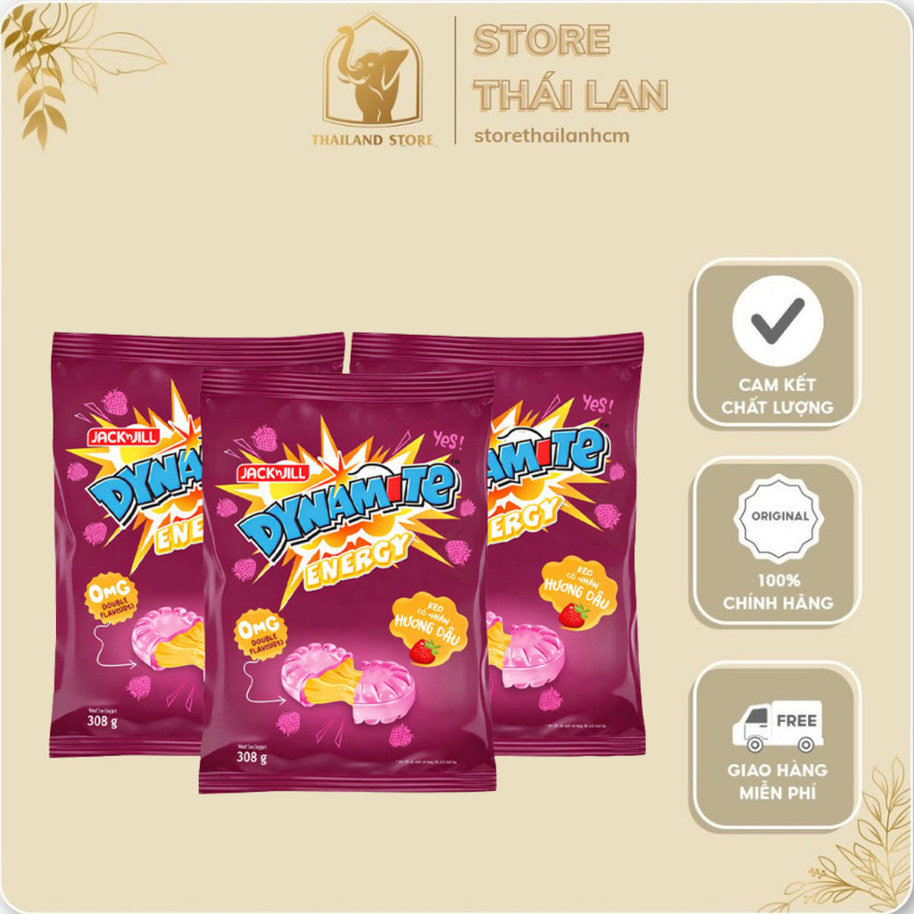 [MẪU MỚI] Kẹo Tăng Lực Dynamite Energy Nhân Dâu (Gói 308g) – Vị Dâu Ngọt Dịu, Nhân Trái Cây Bùng Nổ
