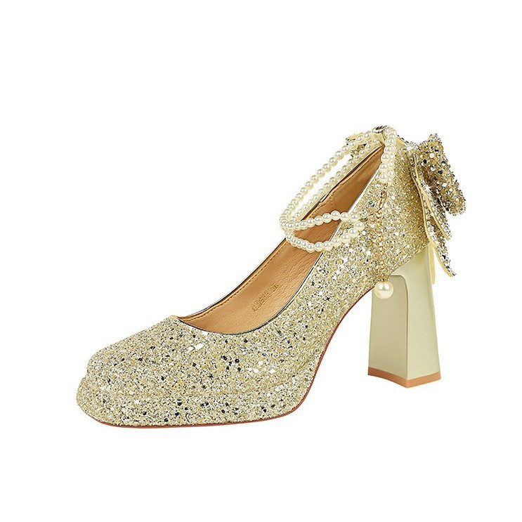 Giày Cao Gót Bigtree Block 0 Ngọc Trai Mũi Vuông Giày Nữ