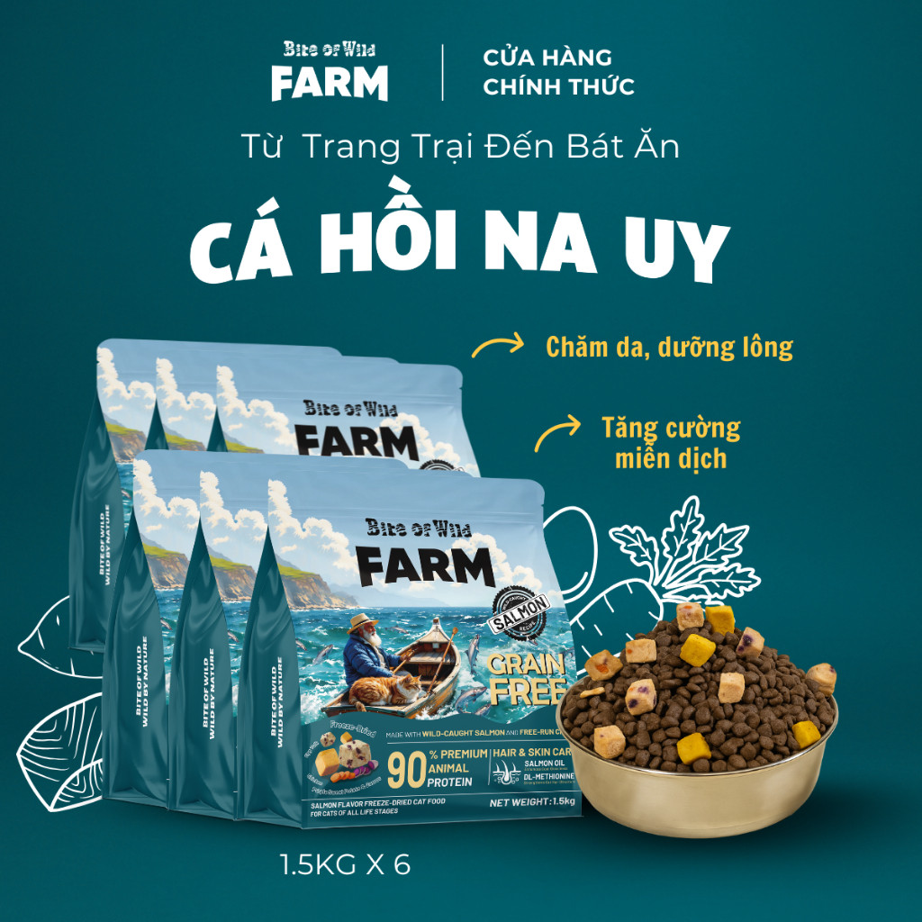 Hạt Cho Mèo Bite Of Wild Farm Cá Hồi Combo 6 Gói 1.5KG, 90% Đạm Động Vật, Giàu Taurine & Arginine
