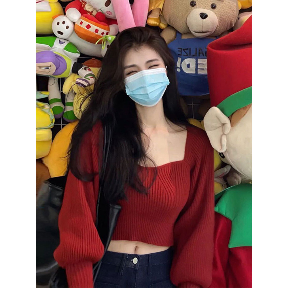 áo croptop len tăm áo croptop len Áo sơ mi len ngắn tay màu đỏ nữ, thời trang thu đông 2026