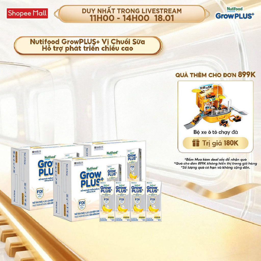 Combo 3 Thùng 24 hộp Sữa bột pha sẵn Nutifood Sweden GrowPLUS+ Vị Chuối Sữa hộp 180ml - Trên 1 tuổi