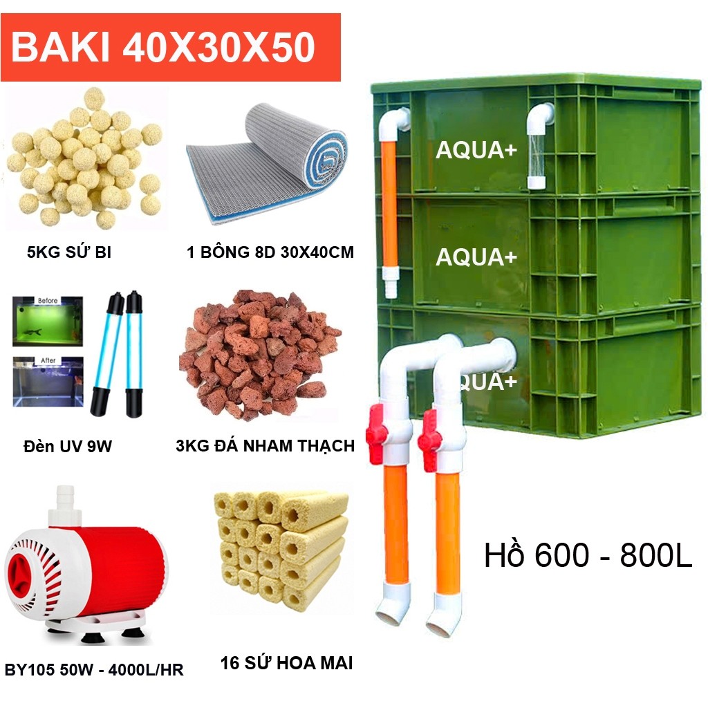 Bộ Lọc Hồ Cá Koi 600-800L: Bakki 3 Tầng XL, Bơm Baoyu 50W, Đèn UV 9W - Full Vật Liệu Lọc