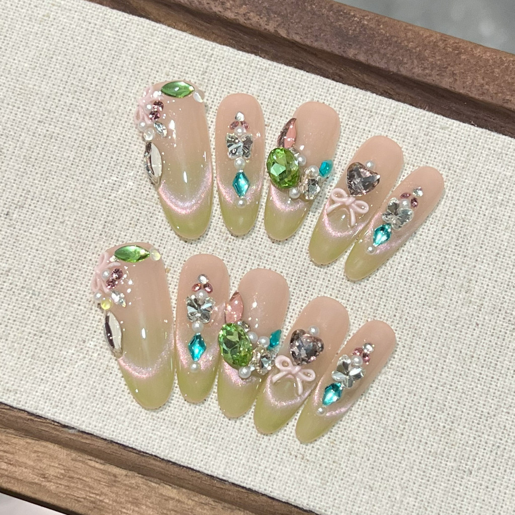 {Guava Candy} Mắt mèo Guava xanh cao cấp Ngắn cọc Pháp Kim cương Làm móng tay mảnh màu hồng có thể đ