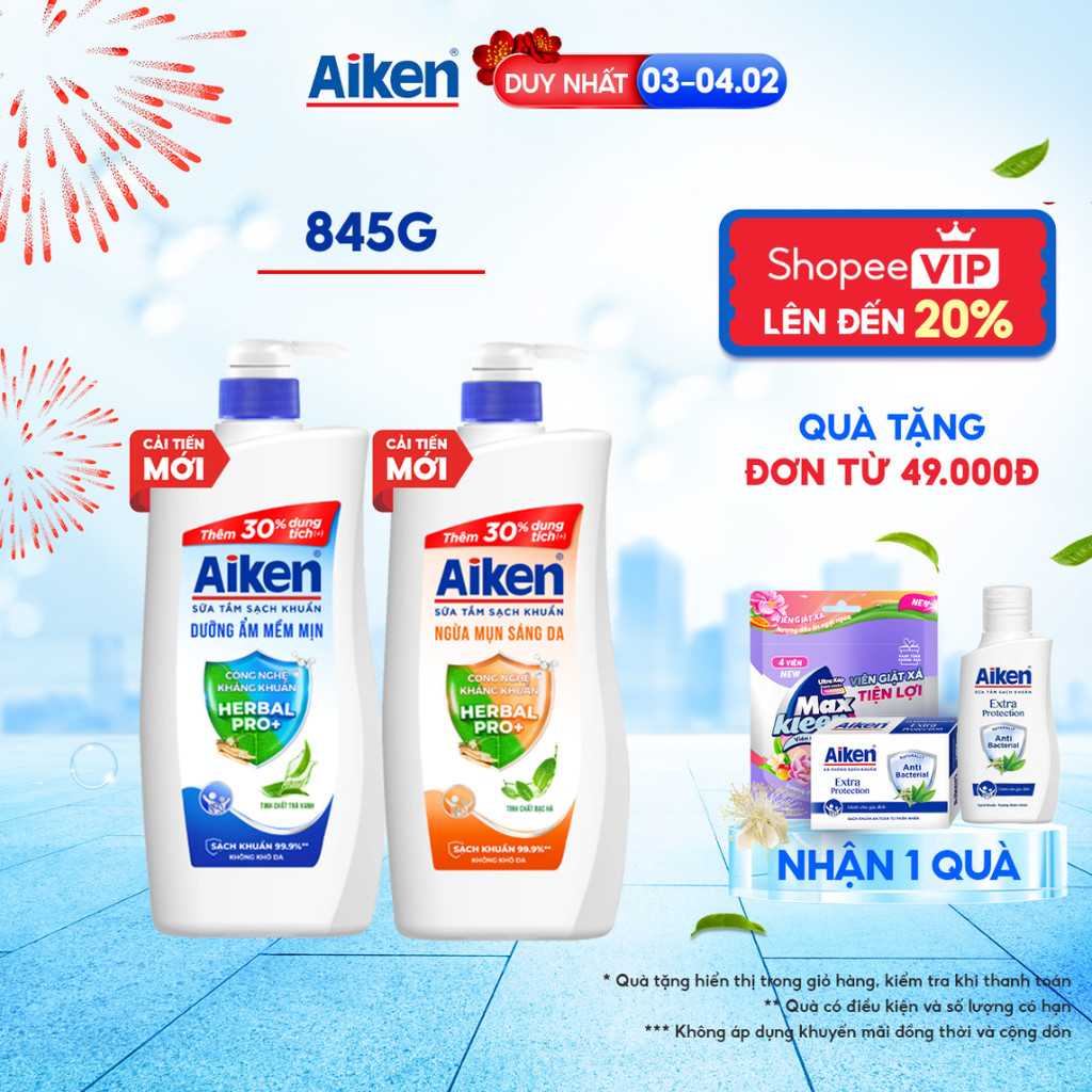 Sữa tắm sạch khuẩn Aiken thảo mộc Dưỡng ẩm mềm mịn / Ngừa mụn sáng da 845g