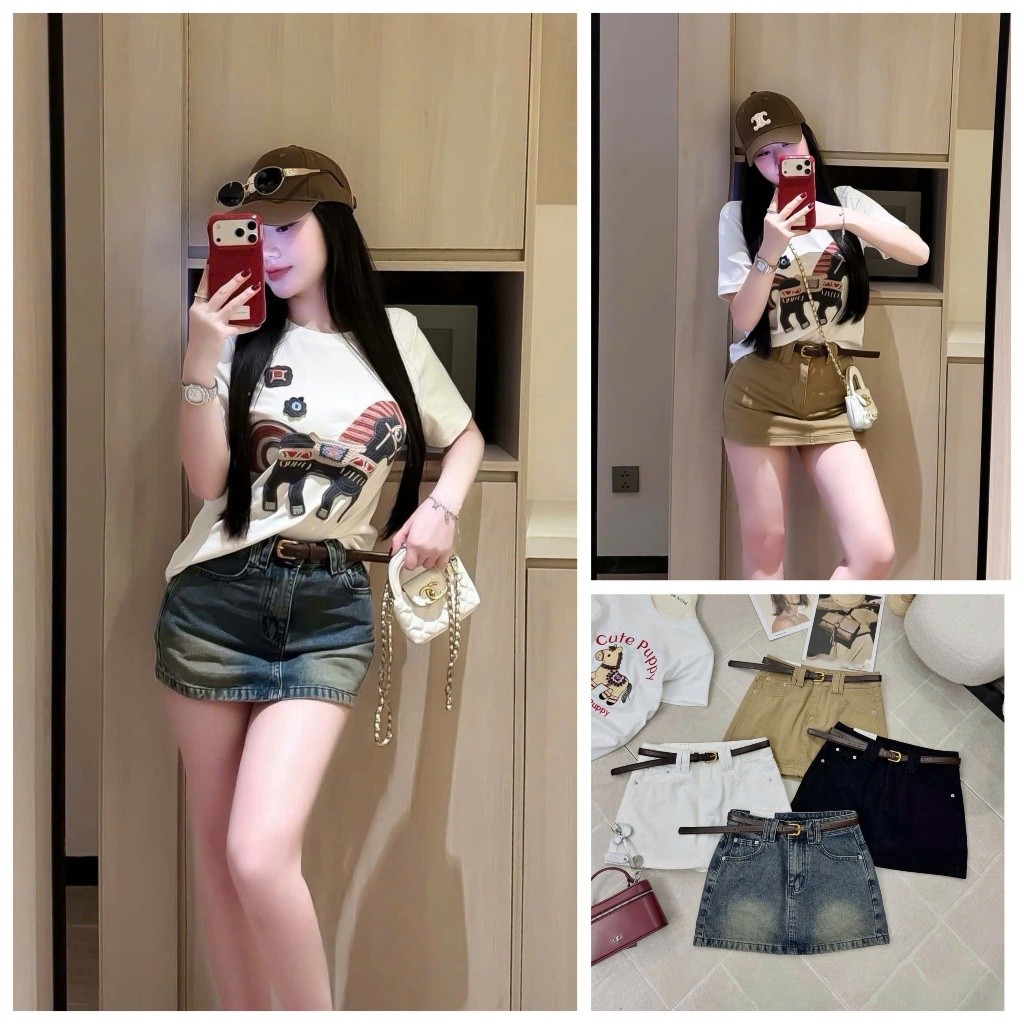 [Follow shop nhận mã 10k] Chân váy jean denim bò chữ A basic kèm đai Meo Meo Shop QCCC CV0758 9588