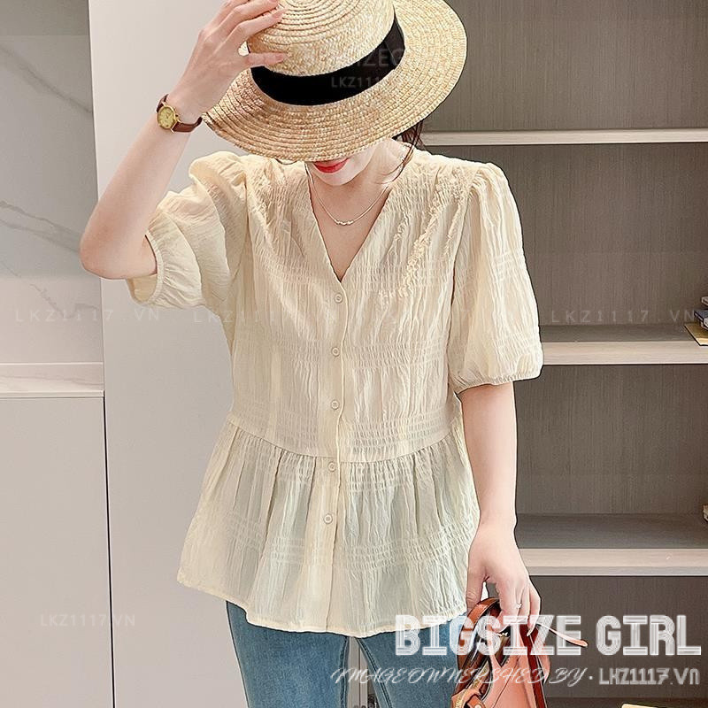 Áo Sơ Mi Nữ Bigsize 100kg Tay Ngắn Cổ Chữ V Bánh Bèo Form Rộng Che Bụng Mỡ Ôm Eo Mùa Hè Kiểu Hàn Quố
