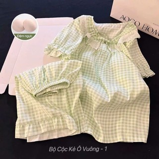 [Có sẵn] Bộ ngủ nữ họa tiết caro 2 kiểu cổ tròn, cổ vuông quần đùi có đệm ngực cho cô gái ngọt ngào
