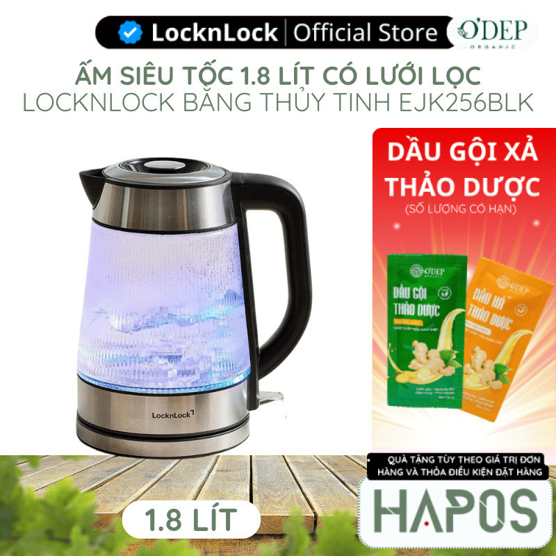 Ấm siêu tốc LocknLock 1.8L có LED, lưới lọc, bằng thủy tinh Glass Electric Kettle EJK256BLK - HAPOS 