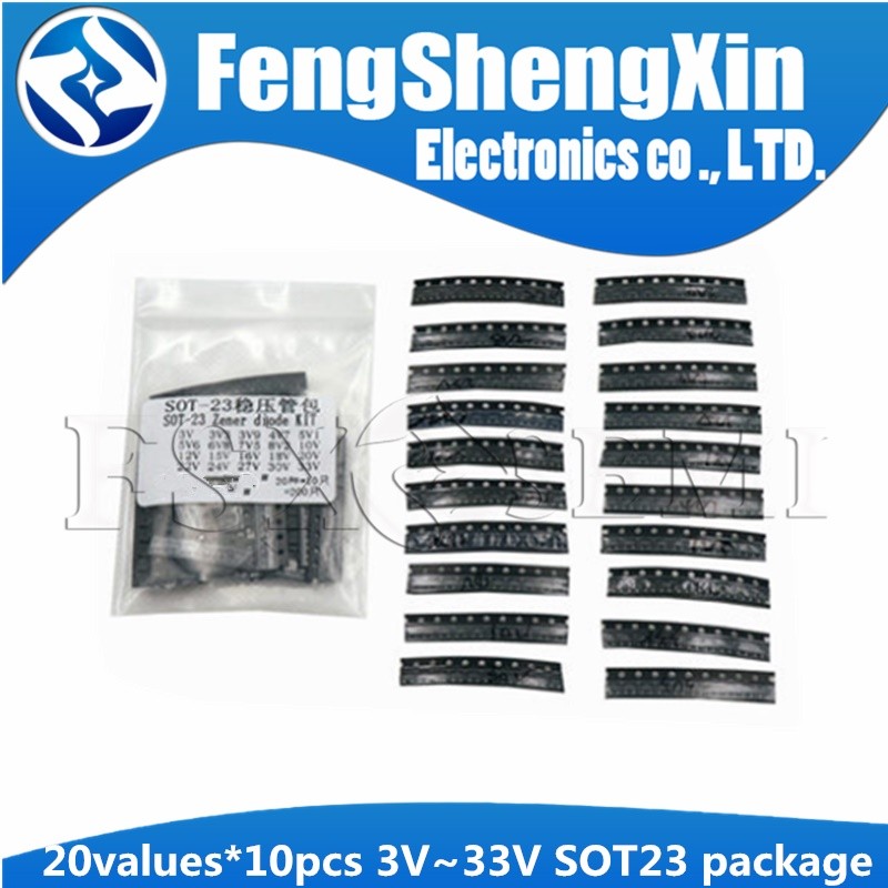 20values X10pcs = 200pcs 3V ~ 33V Zener diode SOT23 gói Mẫu ki KIT 3V3 3V9 4V7 5V1 5V6 6V8 7V5 8V2 1