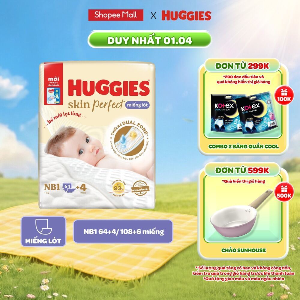 Miếng lót sơ sinh Huggies Skin Perfect NB1 64+4/NB1 108+6 miếng với 2 vùng thấm giảm kích ứng da