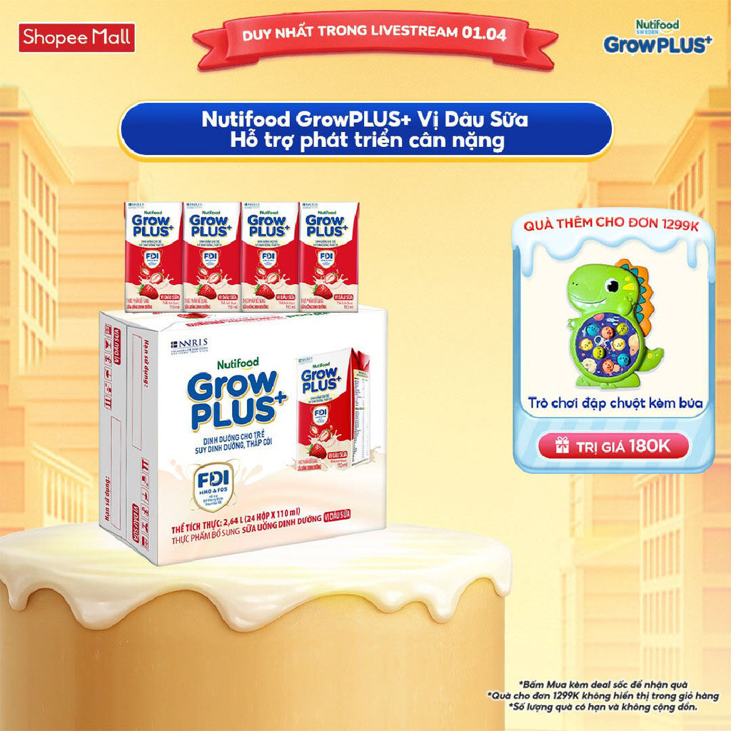 Thùng 24 hộp Sữa bột pha sẵn Nutifood GrowPLUS+ Vị Dâu hộp 110ml - Trên 1 tuổi (24 hộp x 110ml)