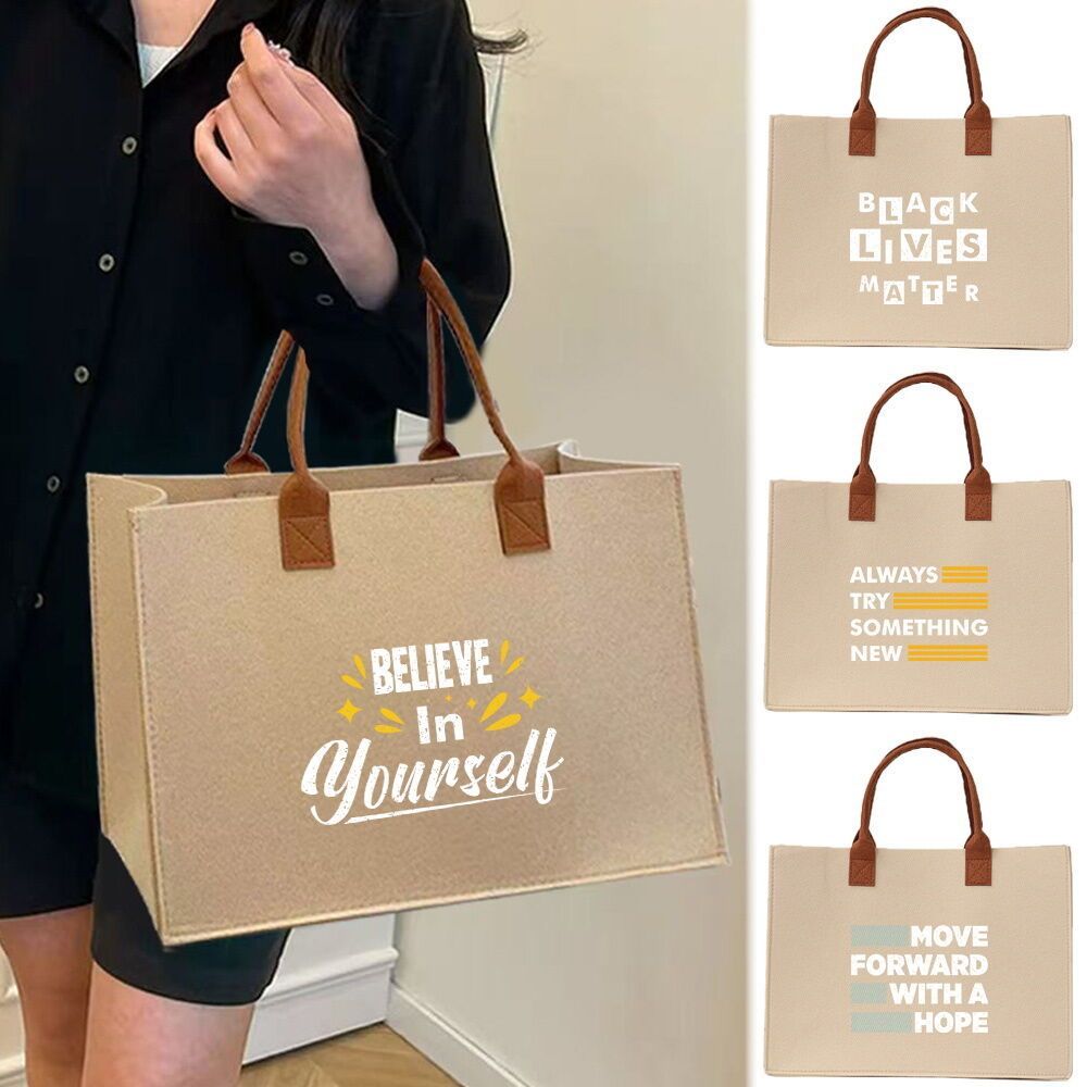 HOT Cute Women's White Felt Sling Shoulder Tote Phrase Print - Stylish Option Saiz Besar Sederhana