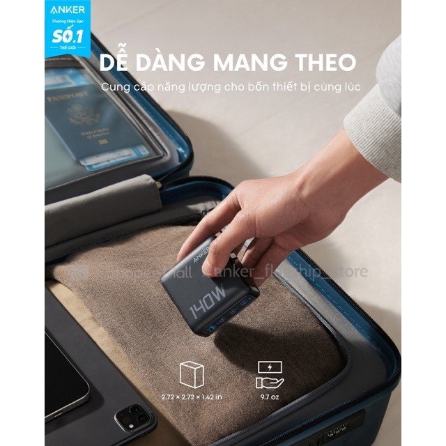 [ANKER] Bộ sạc nhanh Anker ZoLo 140W (4 cổng, GaN) sạc được cho laptop- 3 USB-C PD & 1 USB-A sạc 4 thiết bị - B2697 | BigBuy360 - bigbuy360.vn