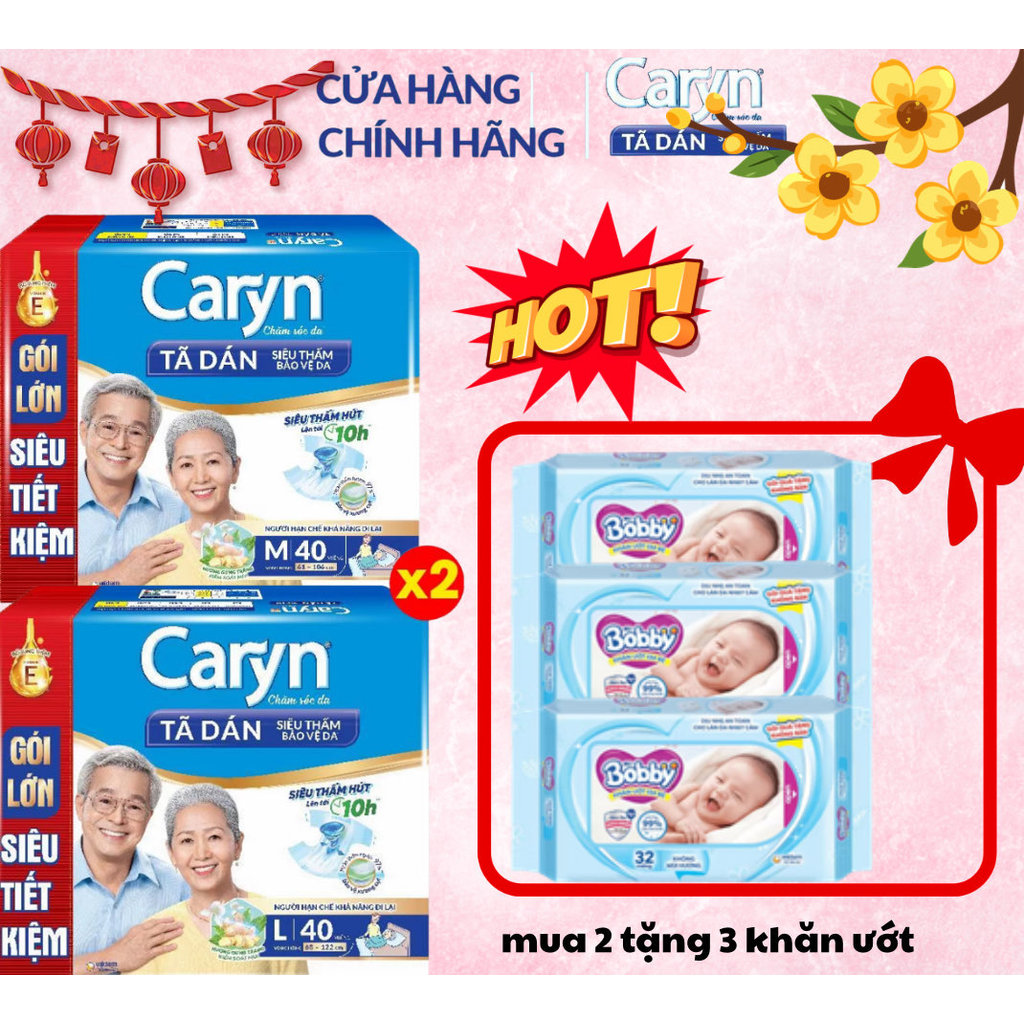 Combo 2 Bịch Tã Dán Caryn Siêu Thấm Size M40/L40/M40 tặng 4/L40 tặng 4 Gói Lớn Siêu Tiết Kiệm  Mua 2 tặng 3 gói khăn ướt