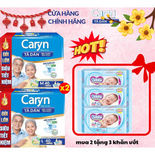 Combo 2 Bịch Tã Dán Caryn Siêu Thấm Size M40/L40/M40 tặng 4/L40 tặng 4 Gói Lớn Siêu Tiết Kiệm  Mua 2 tặng 3 gói khăn ướt