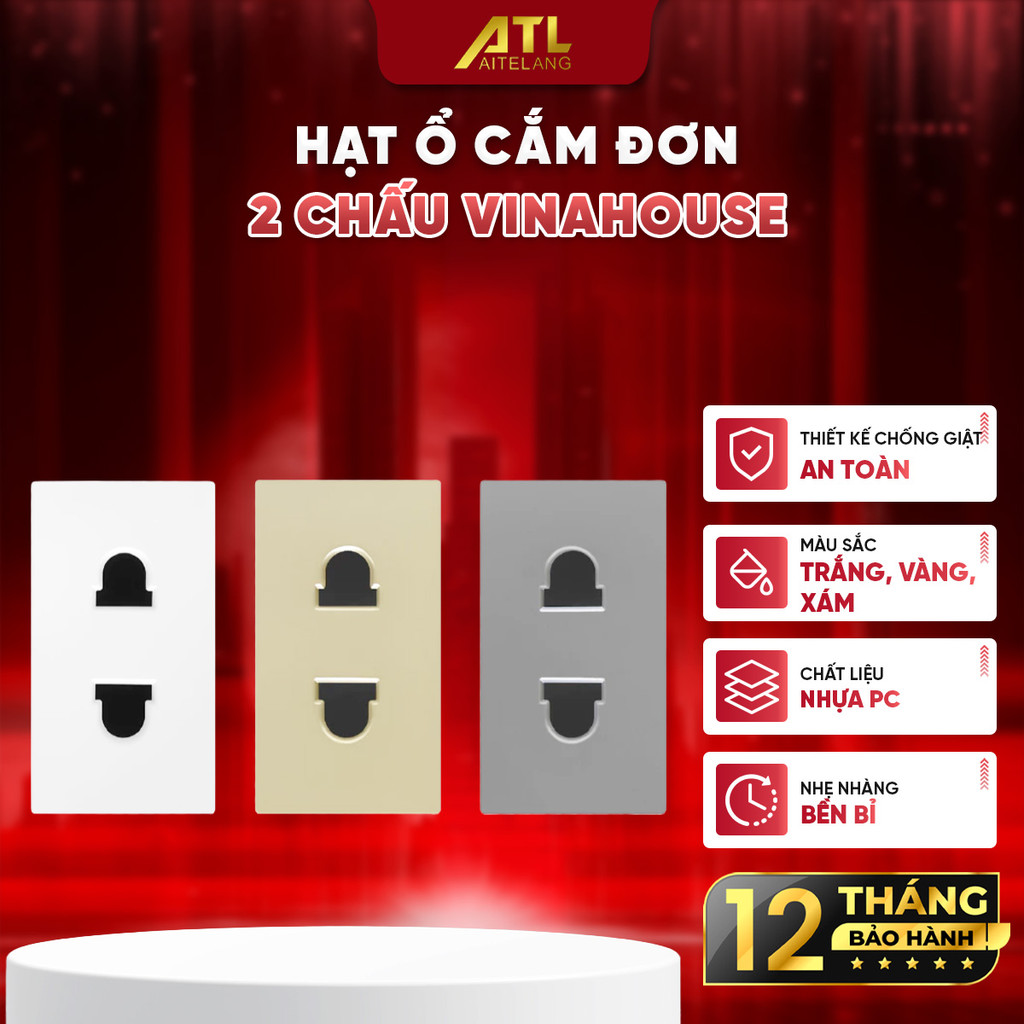 Hạt ổ cắm đơn 2 chấu Vinahouse, phụ kiện ổ cắm điện âm tường, chất liệu bền, an toàn