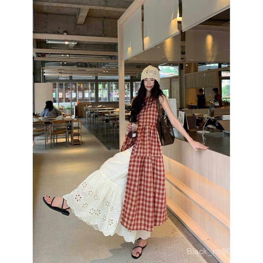 [Pre-Oder] Set váy hẹn hò nữ caro đỏ, đầm sát nách phối layer chân váy ren cạp cao, phong cách nữ tí