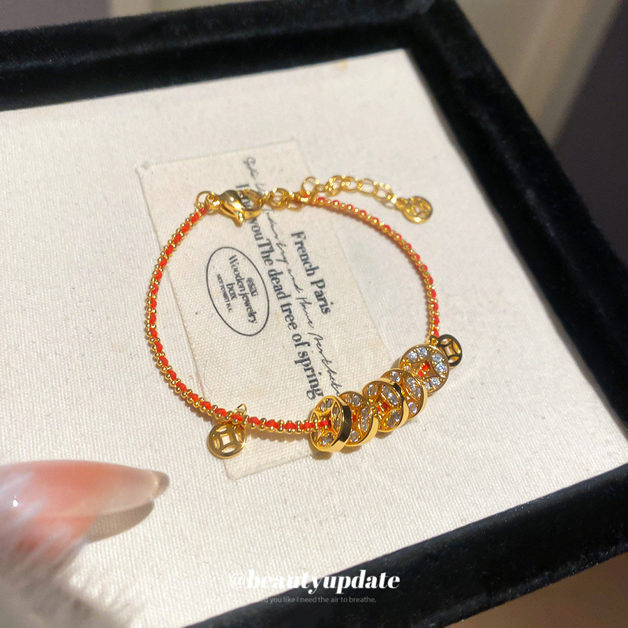 【Ready Stock】 Real Gold Electroplated Braided Rope Copper Coin Bracelet New Chinese Style Retro Eleg
