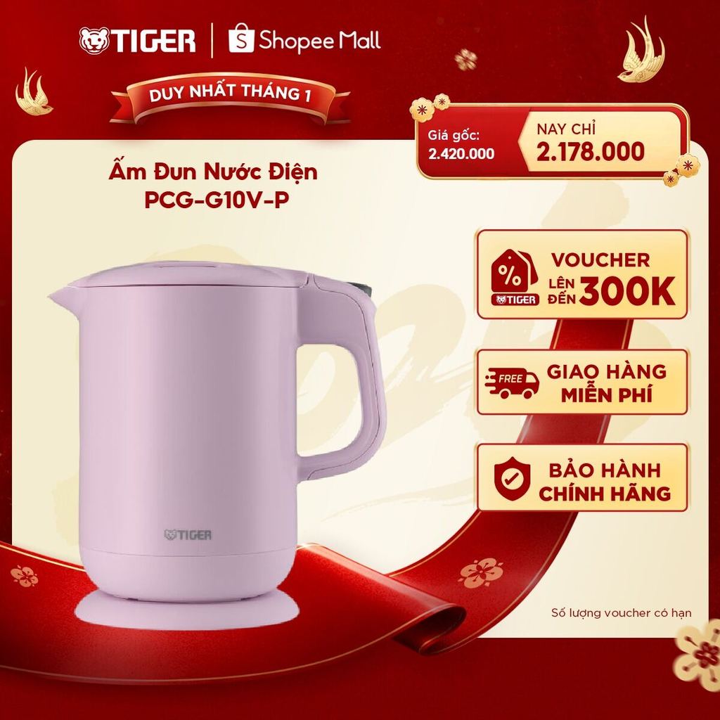 Ấm Đun Siêu Tốc Tiger PCG-G10V-P 1L, Hồng, Trắng, Xám đô thị - Hàng Chính Hãng