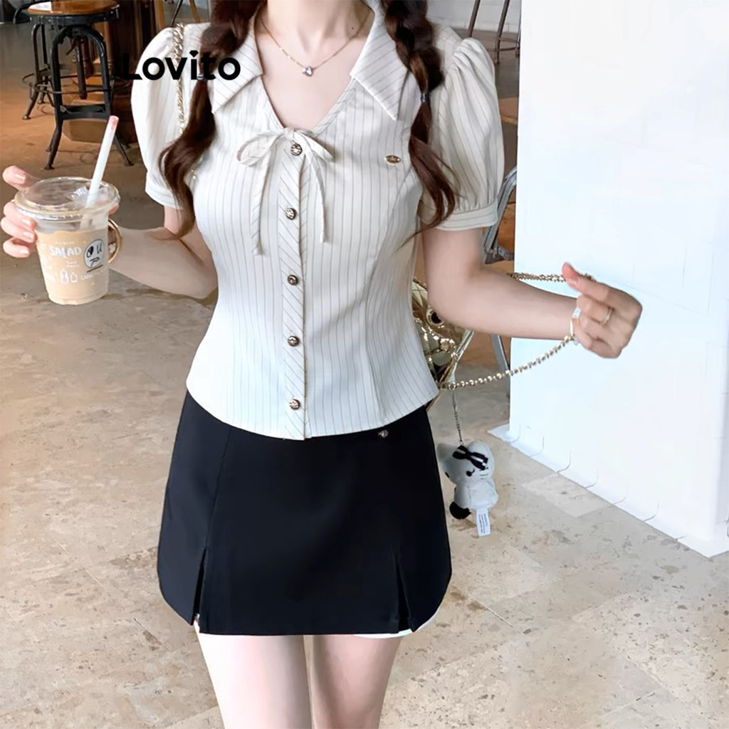 (Trendy) Áo kiểu nữ Lovito kim loại nút trước hoạ tiết sọc xinh xắn L110AD044
