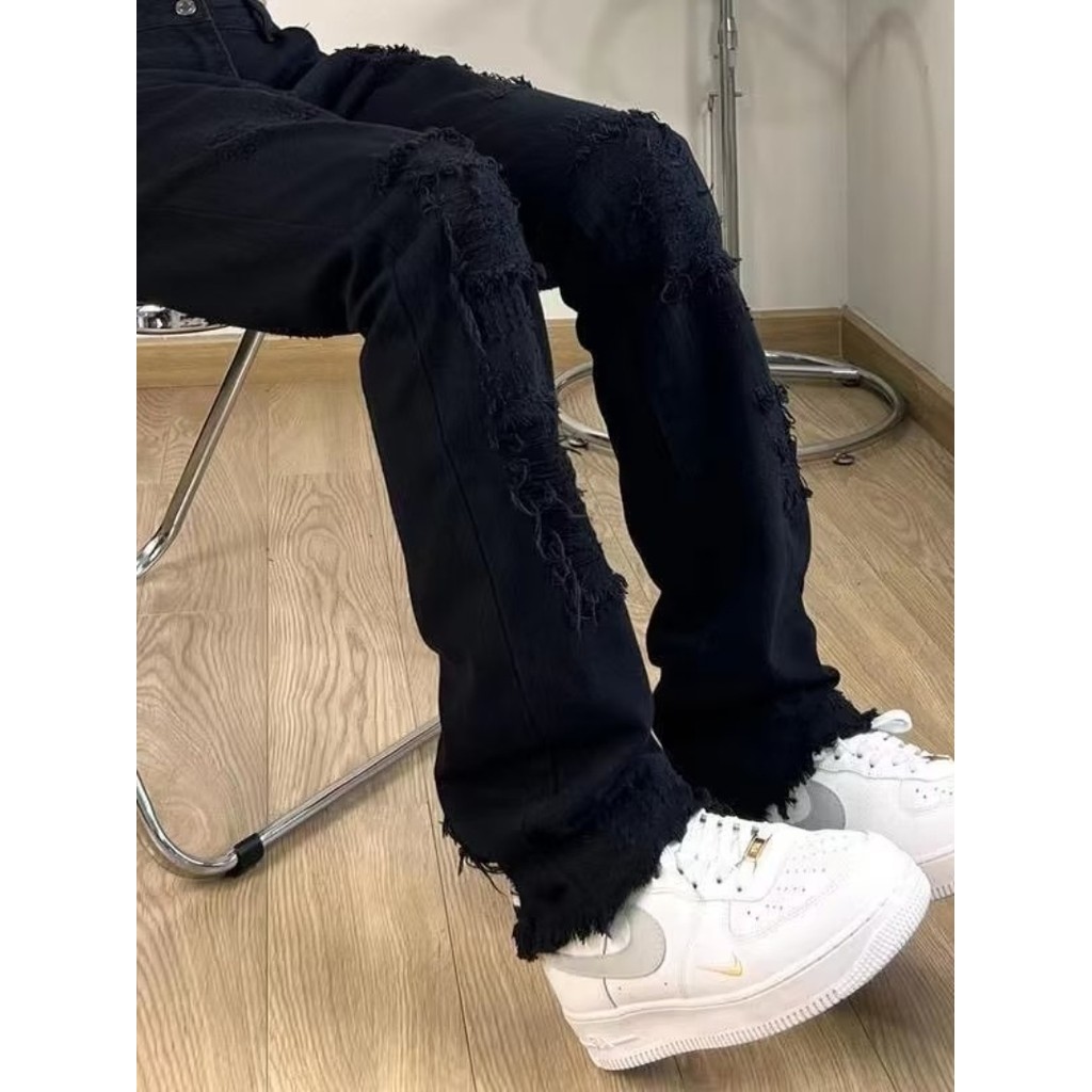 quần bò nam rách gối quần bò nam ống đứng Vintage Raw Edge Quần Jean Nam Xuân Thu, Thẳng Micro Loe, 