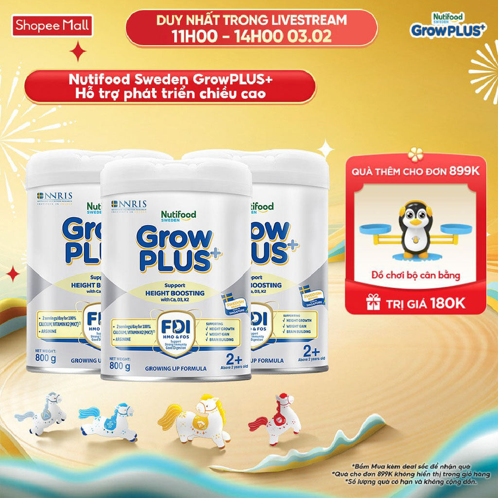 Combo 3 Sữa Bột Nutifood Sweden GrowPLUS+ Cao lớn vượt trội trên 2 tuổi (Bạc) 800g