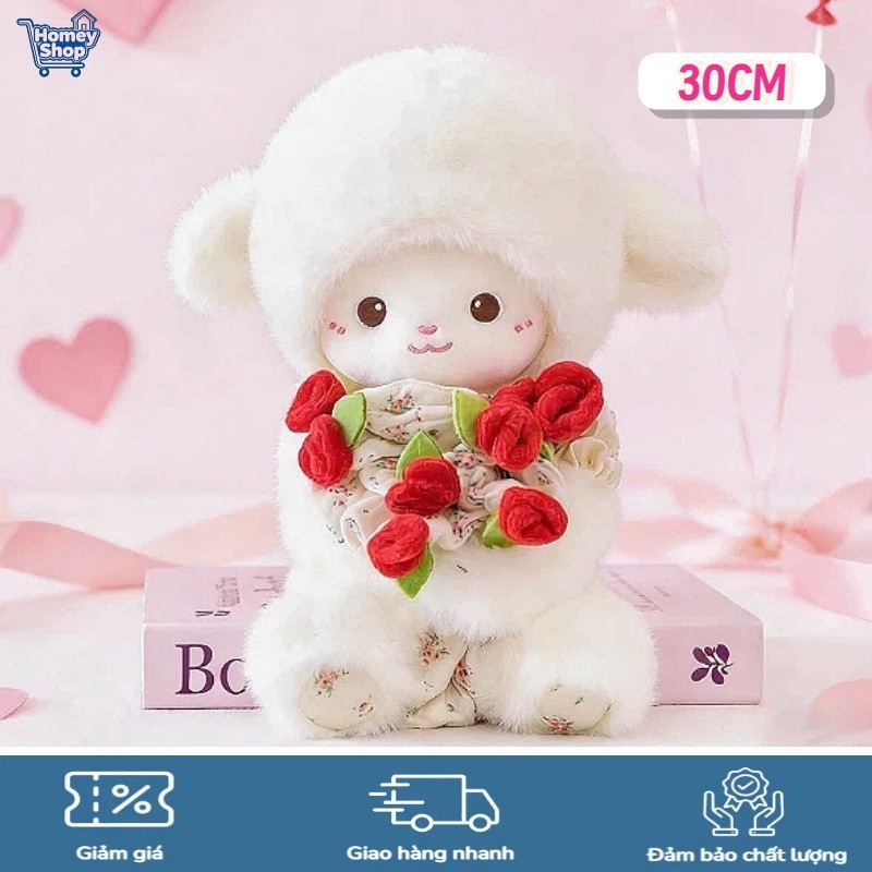 Gấu Bông Cừu Trắng Ôm Hoa Hồng, thiết kế 2in1 độc đáo kết hợp gấu bông và hoa, chất liệu mềm mại cao