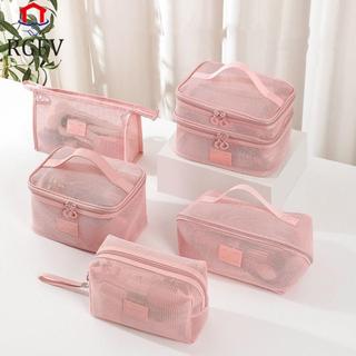Túi trang điểm cầm tay lưới RGFV, mỹ phẩm lưới trong suốt di động có dây kéo, hình vuông, dung tích lớn