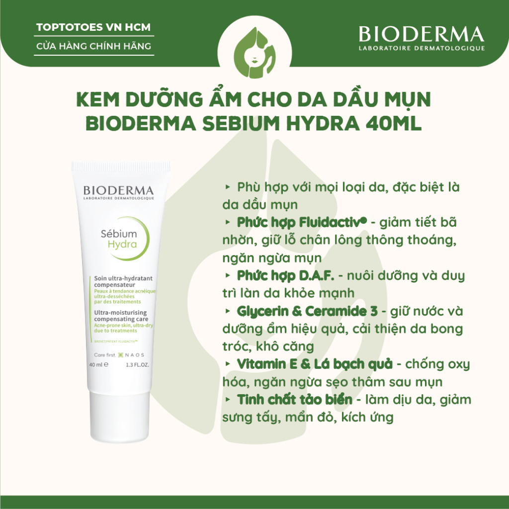 [HÀNG NHẬP KHẨU] Kem dưỡng ẩm cho da dầu mụn Bioderma Sebium Hydra - 40ml