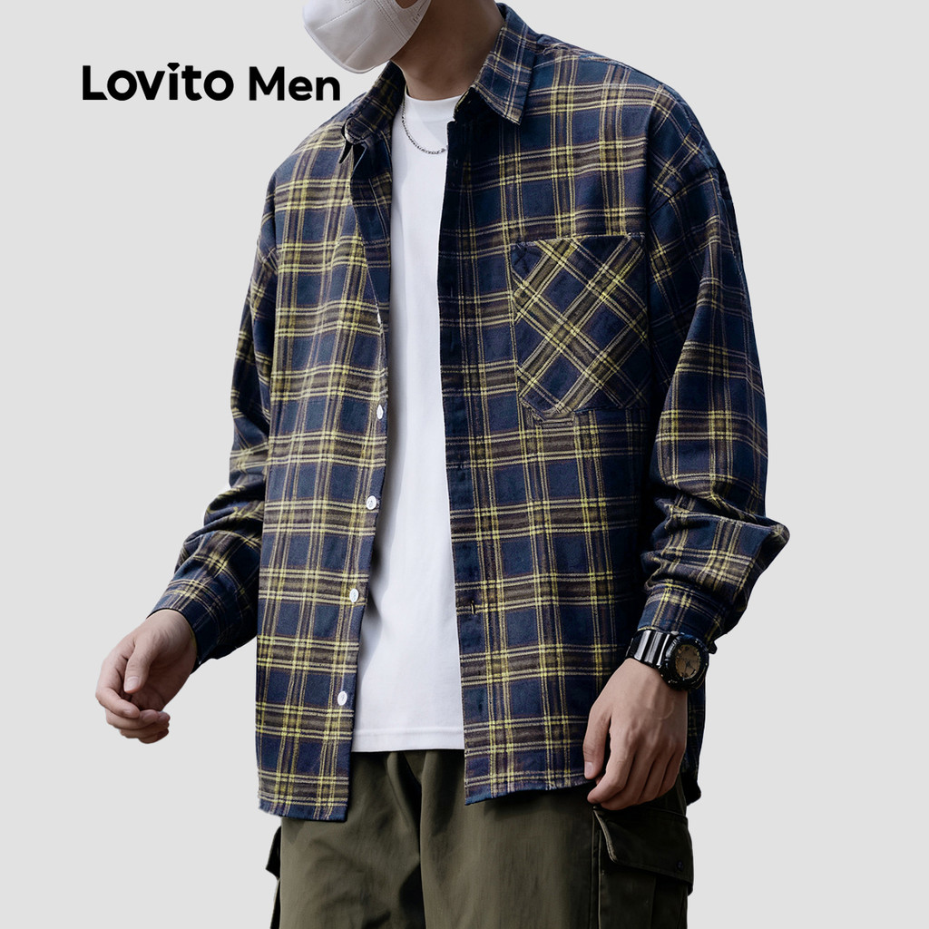 Lovito Men Áo sơ mi casual có nút áo sơ mi mọi mùa cho nam LNE122043