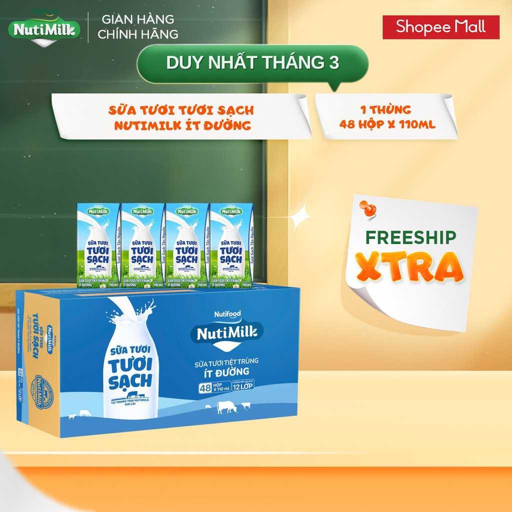 Thùng 48 Hộp Sữa Tươi Tươi Sạch NutiMilk 110ml/hộp Ít Đường
