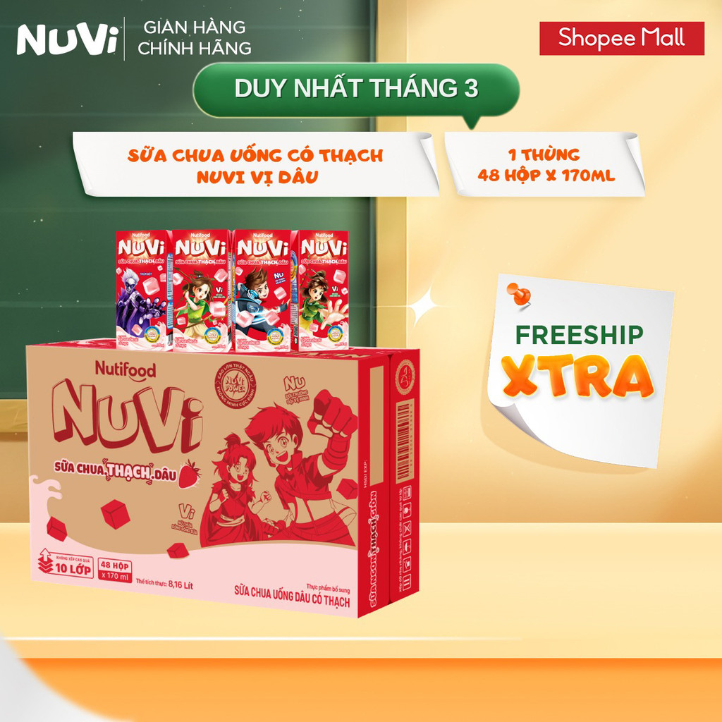 Thùng 48 Hộp Sữa Chua Uống Có Thạch NuVi Vị Dâu 170ml