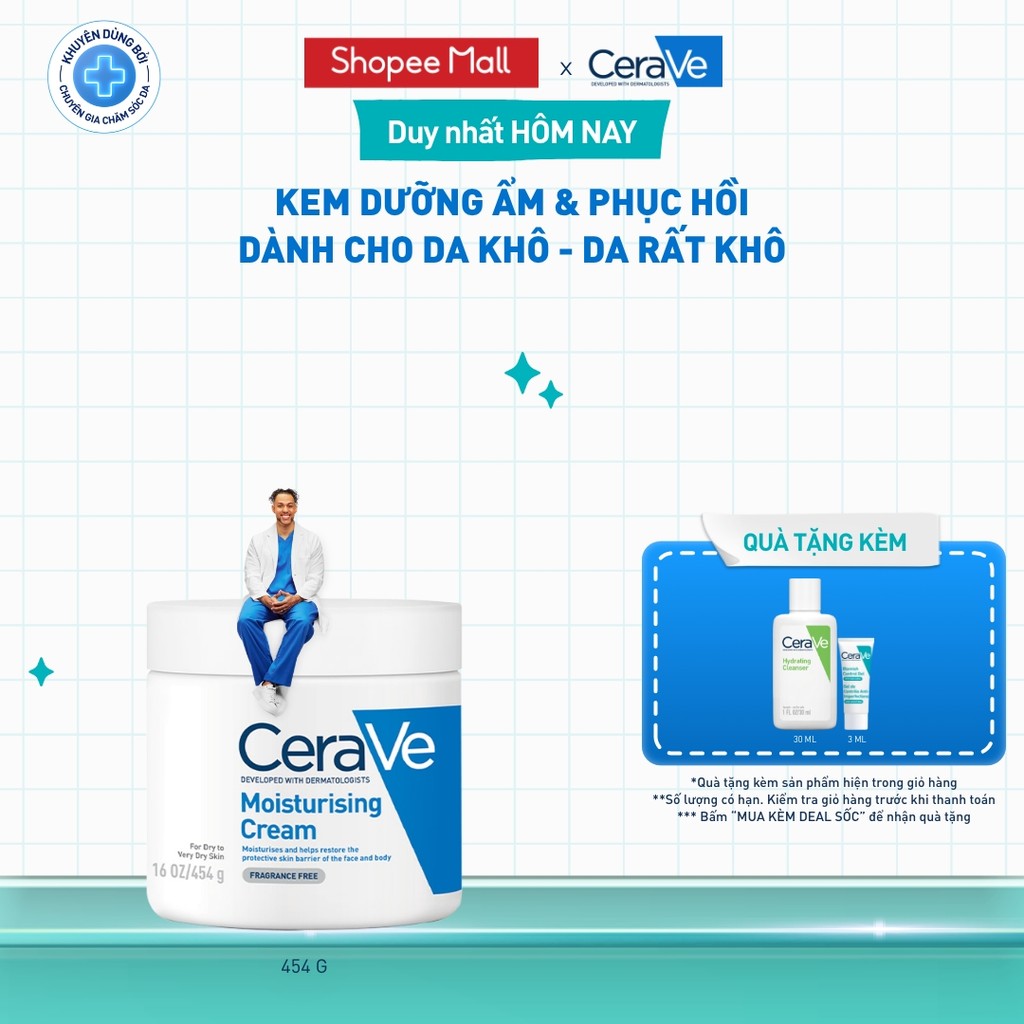 Kem dưỡng ẩm phục hồi sâu và ẩm mịn suốt 48H dành cho da khô, duy trì hàng rào bảo vệ da CERAVE MOISTURISING CREAM 454G