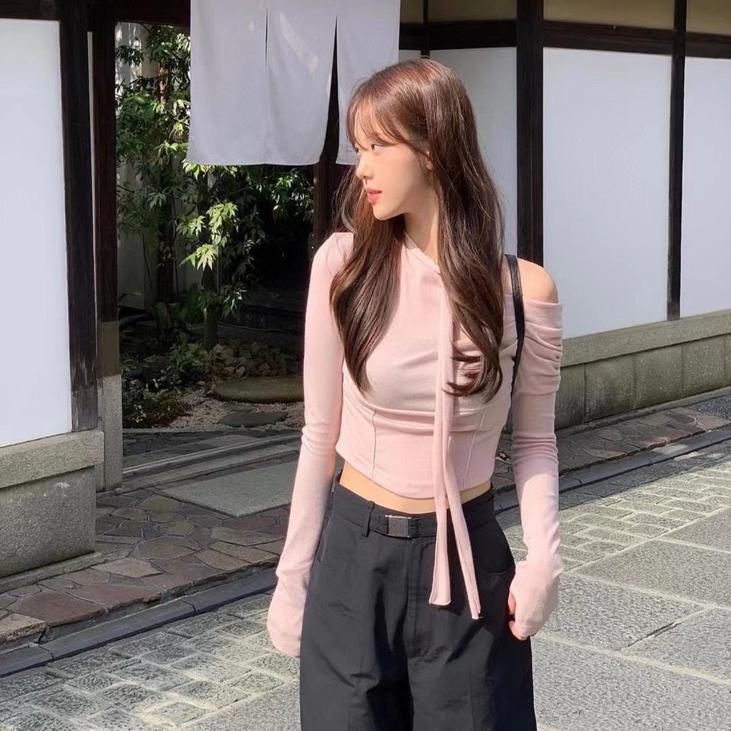 Kim Min-jeong's same style from Korea NOTYOURROSE Off-shoulder halter neck asymmetrical long-sleeve 