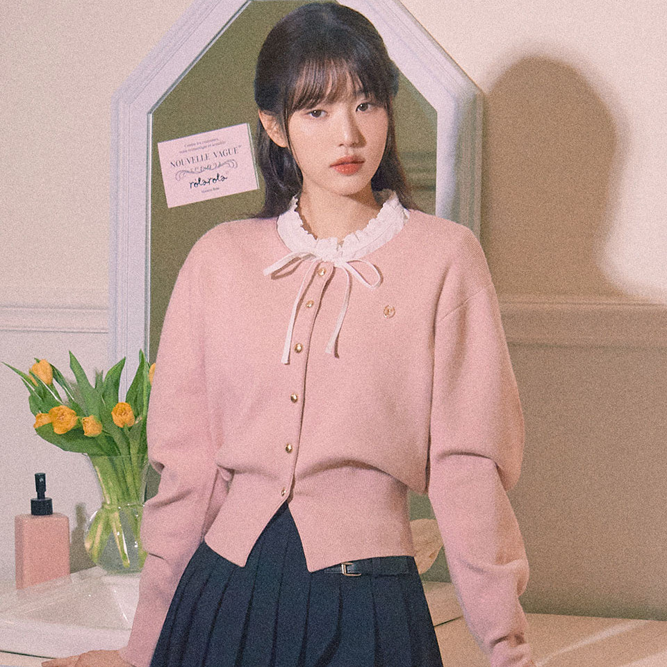 ROLAROLA Jang Won-young's Korean-style pink and delicate girl's knitted cardigan, college-style wais