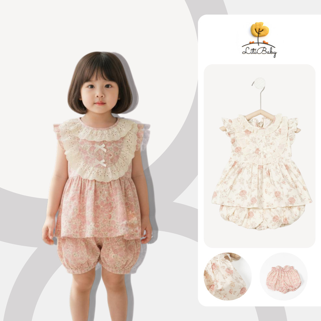 Bộ Bé Gái Hoa Nhí Cổ Ren Công Chúa LITIBABY cho bé từ 1-6 tuổi NH23