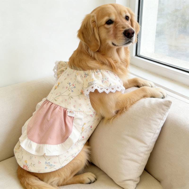 Pet Dog Clothes French Pastoral Style Floral Flounced Sleeve Apron Pocket Lace Sweet Vest Dress Larg