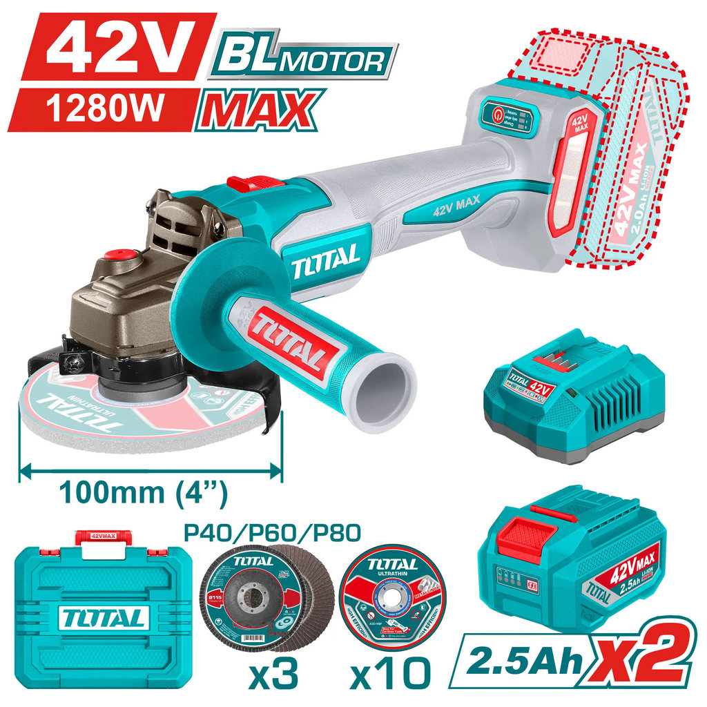 TOTAL thế hệ mới NEW 42V Máy mài góc dùng pin 42V động cơ không chổi than 1280W TOTAL - TAGLI4128102