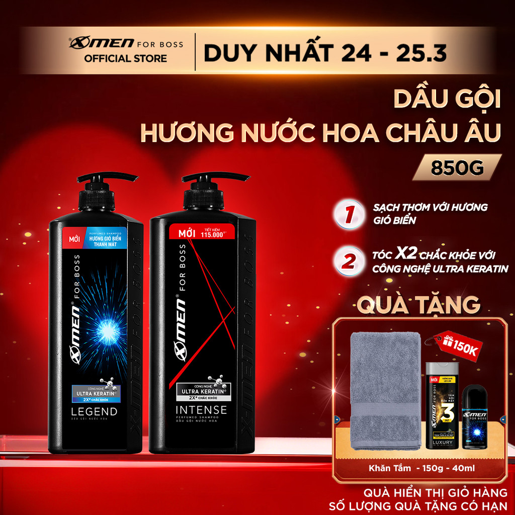 Dầu gội Nam XMen for Boss 850g Intense/Legend, Hương Nước Hoa Châu Âu Sang Trọng Lịch Lãm