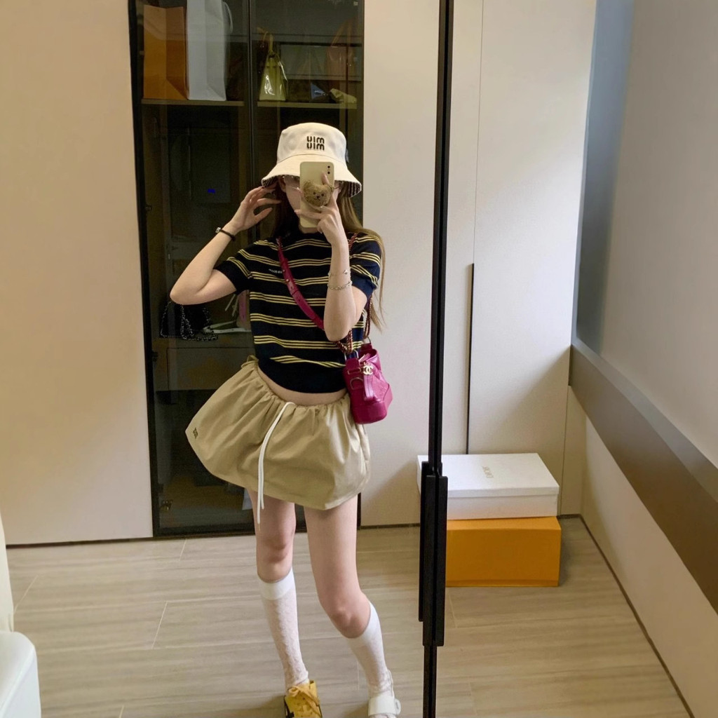 MM Vintage Knit Short-Sleeve Puff Skirt25Summer drawstring mini skirt