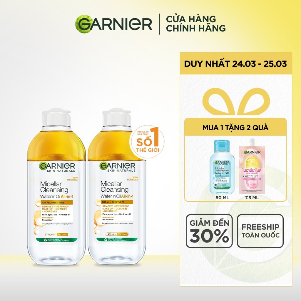 Bộ 2 nước làm sạch và tẩy trang cho da khô & trang điểm Garnier Micellar Water 400ml x 2