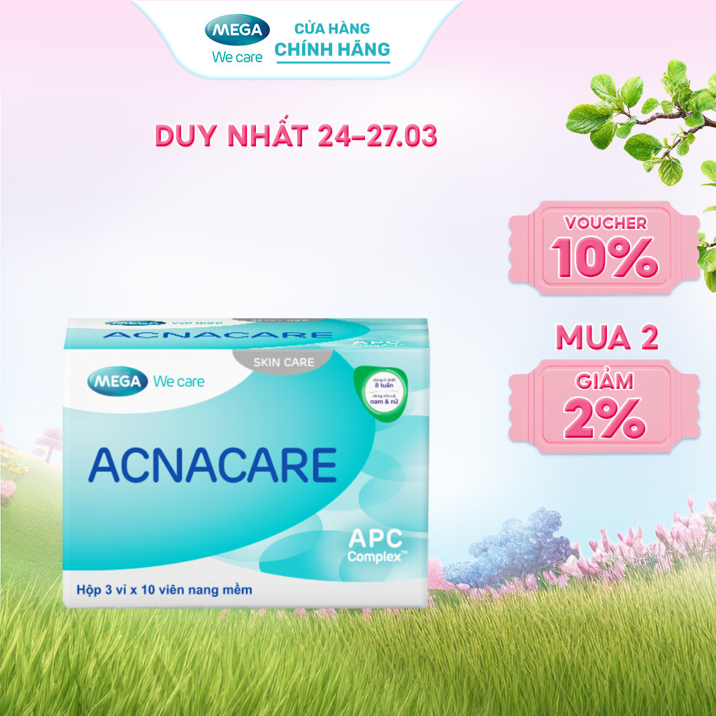 Viên uống giảm mụn, giảm nhờn - Kẽm, Crôm, D.Salina, Vitamin C, Vitamin E - ACNACARE Mega We Care (30 viên)