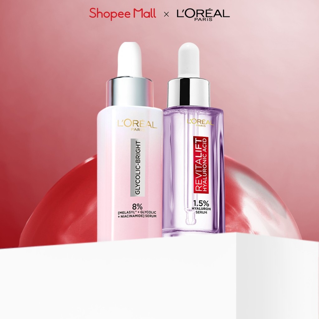 Bộ 2 Serum siêu cấp ẩm Hyaluronic Acid 1.5% 30ml & Glycolic Melasyl 8% dưỡng sáng da, mờ thâm mụn nám Loreal Paris