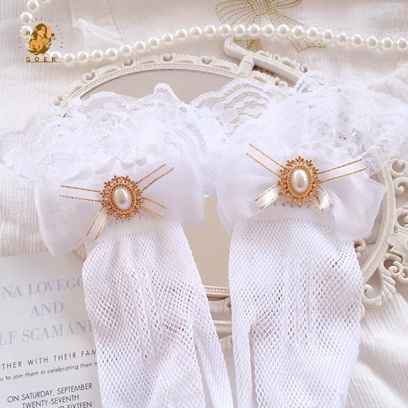 Găng Tay Ren Trắng Phong Cách Gothic với Lưới và Nơ Hoa - Perfect cho Outfit Lolita