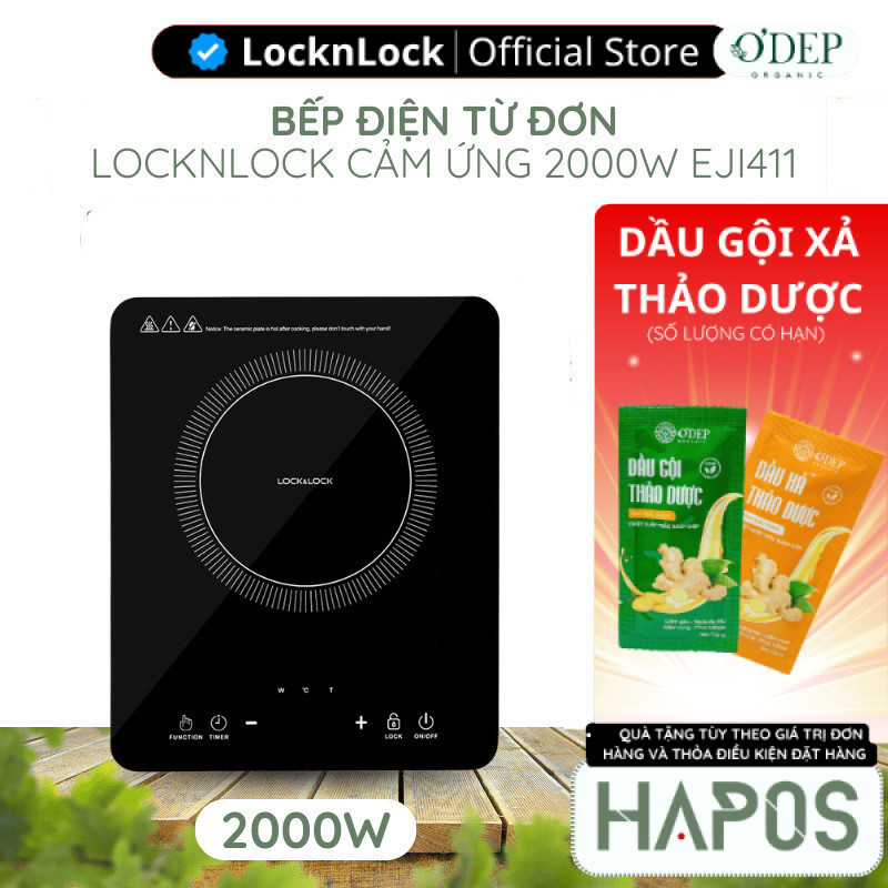 Bếp điện từ đơn LocknLock cảm ứng, 8 mức nhiệt, công suất cao 2000W nấu nhanh tiết kiệm điện EJI411 