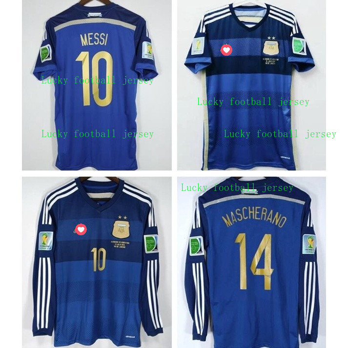Áo bóng đá sân khách Retro Argentina 2014 world Cup Cổ điển Messi Áo sơ mi bóng đá ngắn / dài tay