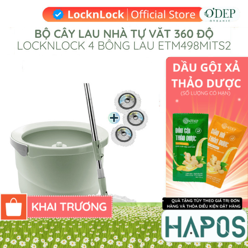 Bộ cây lau nhà LocknLock tự vắt xoay tay 360 độ, 4 bông lau thấm hút tốt ETM498MITS2 - Chính Hãng - 