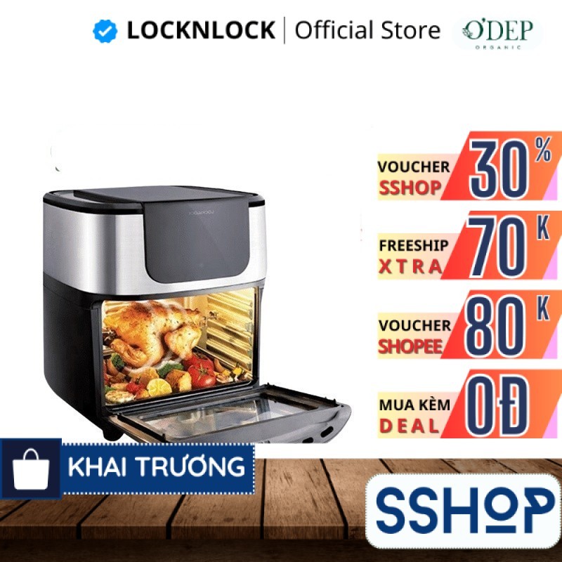 Lò nướng không khí 10 lít LocknLock Chính hãng Air Oven, Nhiều phụ kiện nấu nướng - Màu đen EJF691 -